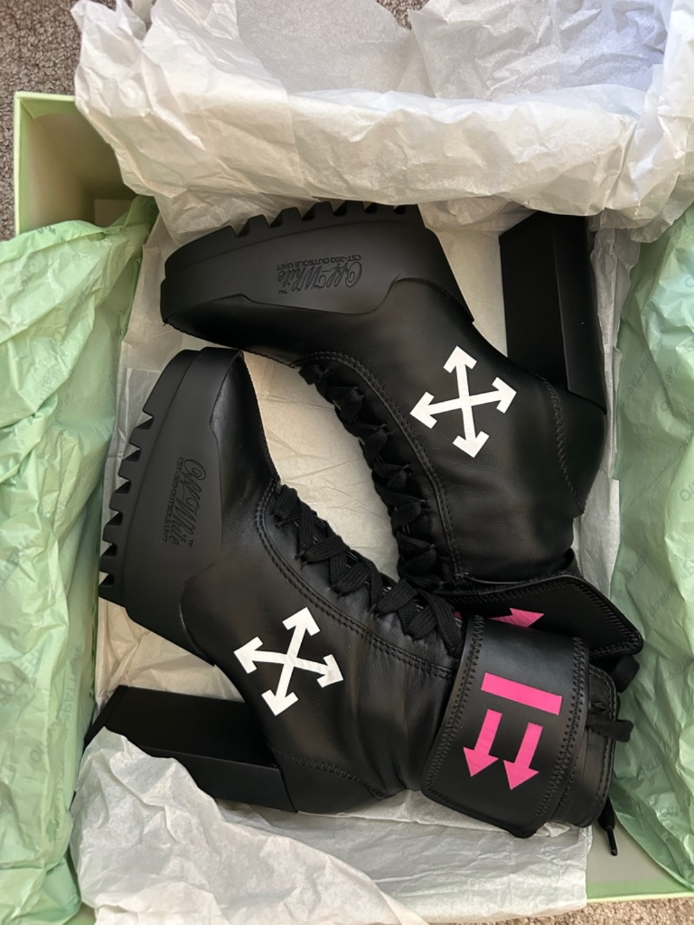 Off-White Black Leather Lace-Up Ankle Boots with White Arrow and Pink Logo